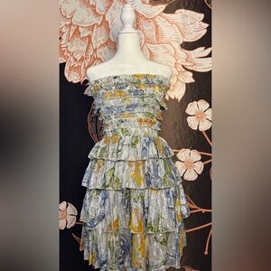 Metallic Strapless Ruffled Floral & Lemon Print Mini Dress